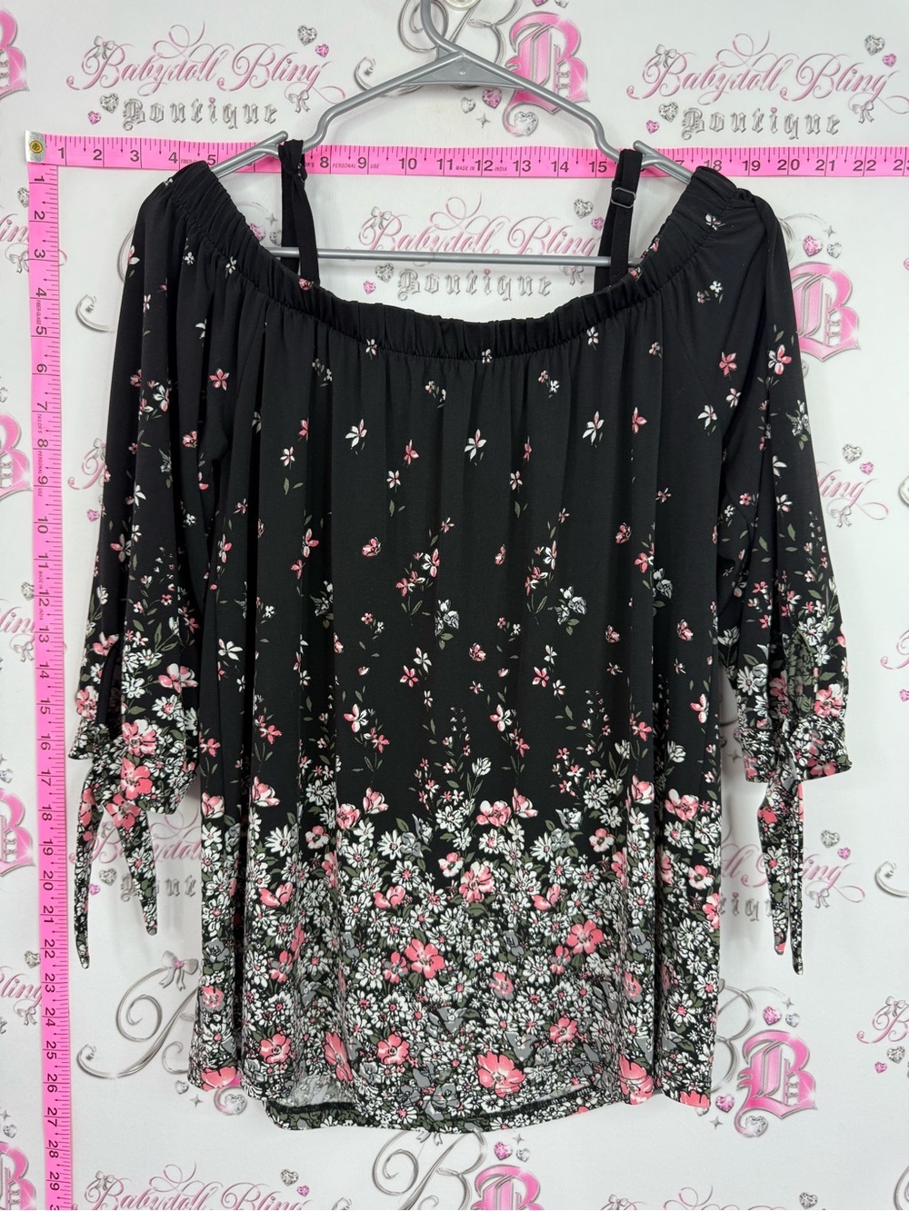 Ricki's Black Off-Shoulder Blouse with Pink & White Floral Border